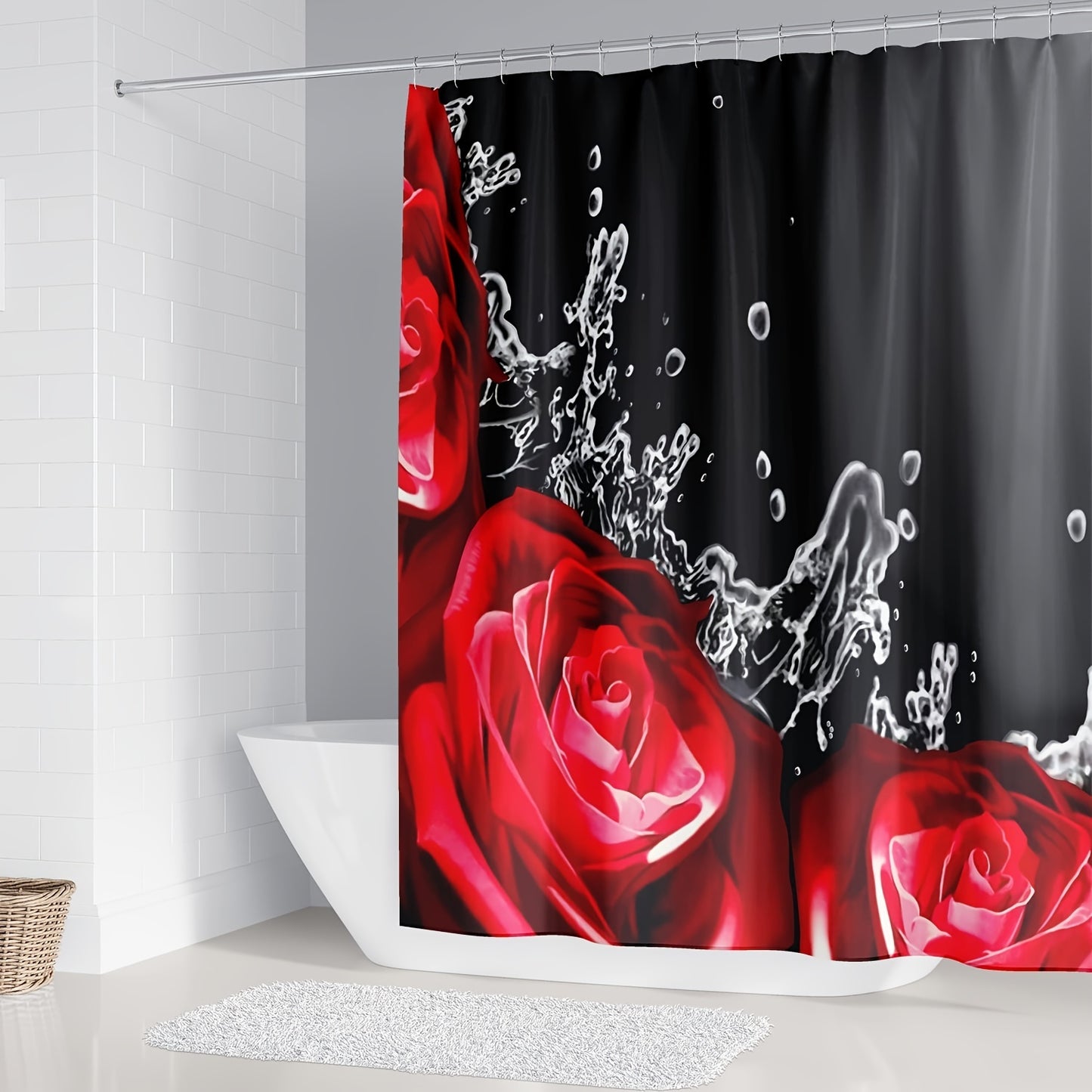 1pc/3pcs/4pcs Red Rose Shower Curtain, Bathroom Non-Slip Mat, U Shape Toilet Rug And Toilet Lid Cover, Bathroom Decor