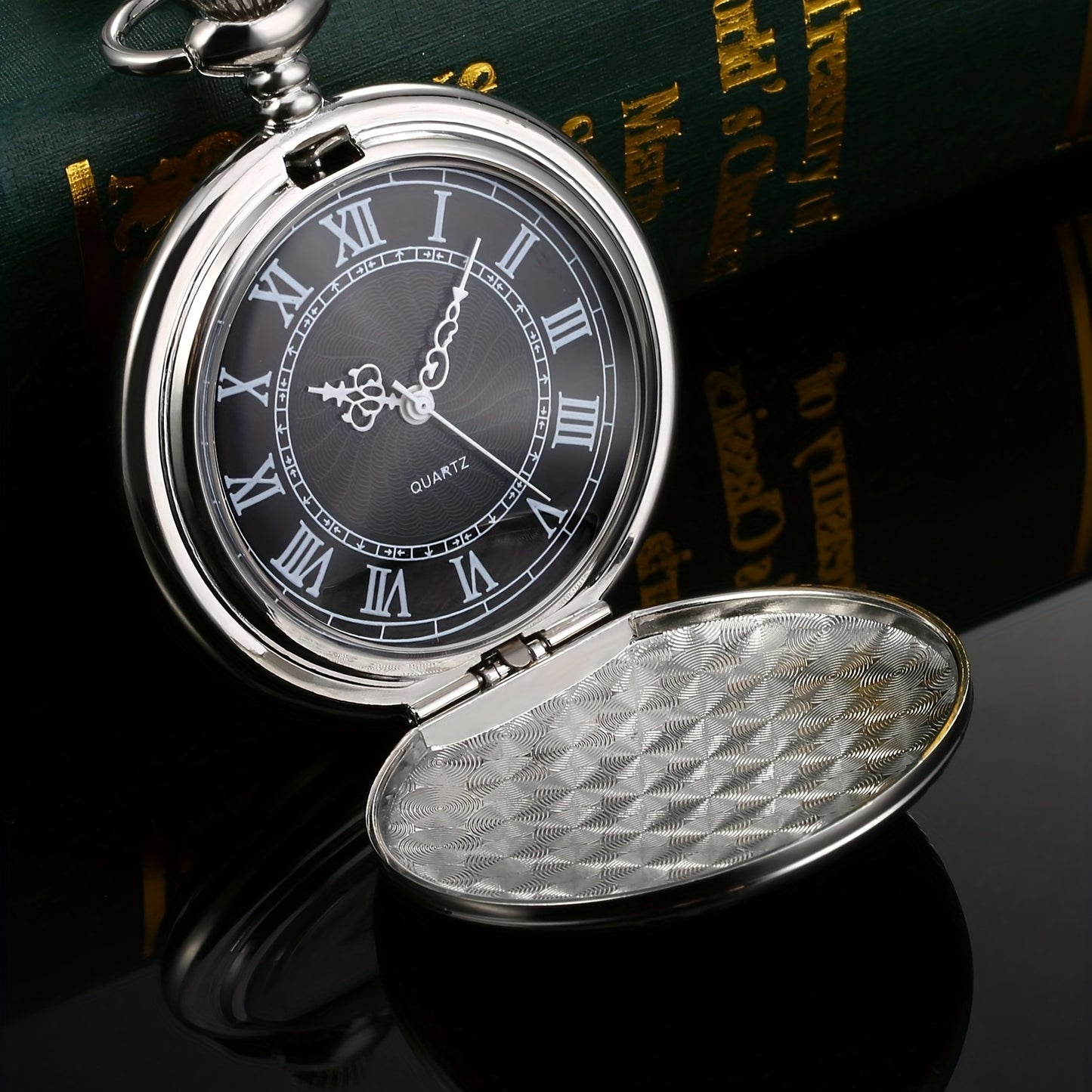 Pocket Watch For Men With Black Dial And Chain, Vintage Roman Numerals Watch