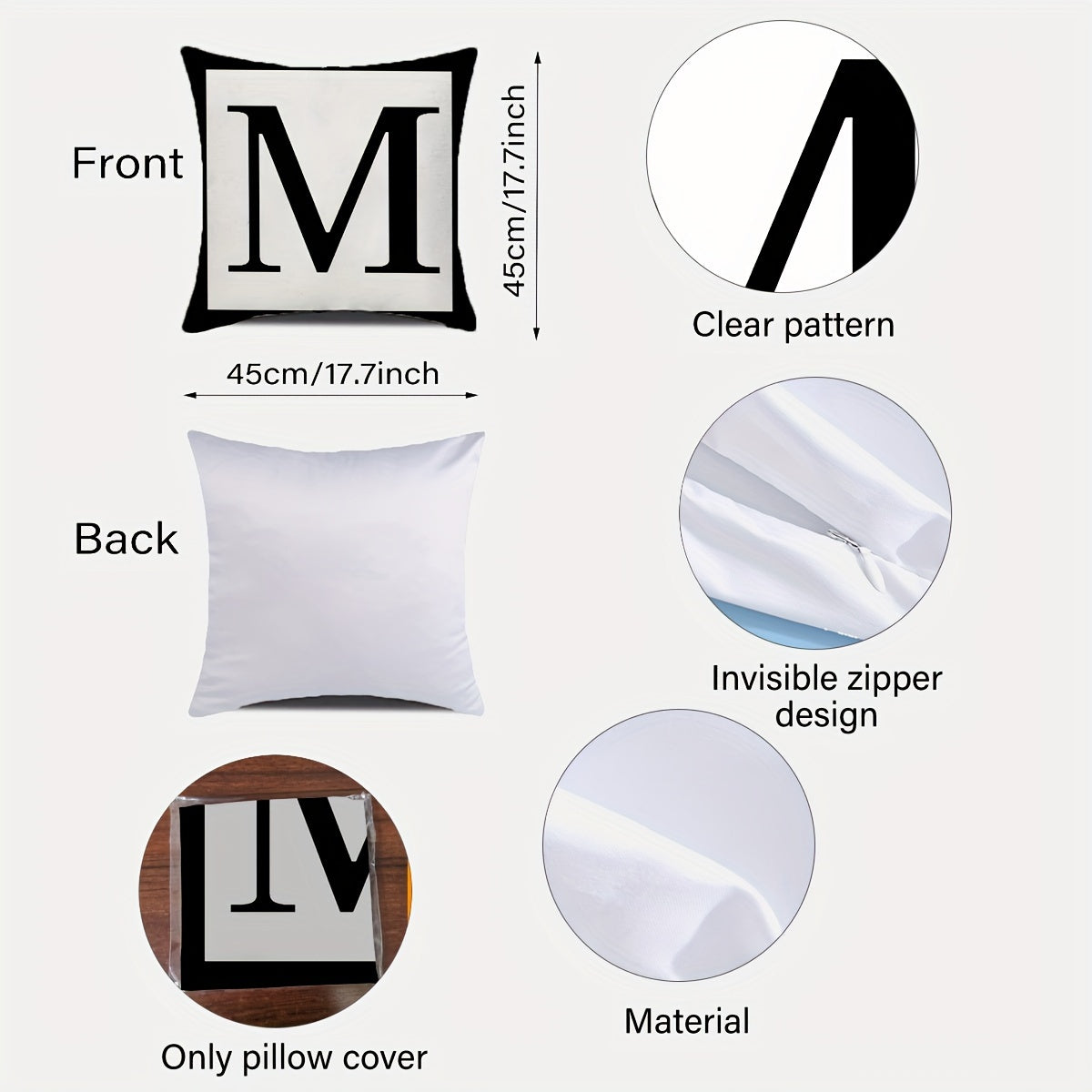 1pc No Pillow Core Initial Letter Pattern Throw Pillow Case,, Modern Simple Style Polyester Fiber Square No Pillow Core Waist Support Soft Cushion Cover Cushion Cover For Anniversary Name Abbreviation Sofa Bedroom Living Room Home Decoration