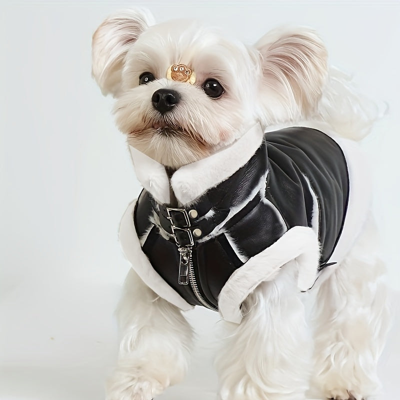 Dog Winter Fleece Leather Vest, Pet Motorcycle Cool Zipper Coat, Dog Jacket Clothes For Cold Weather