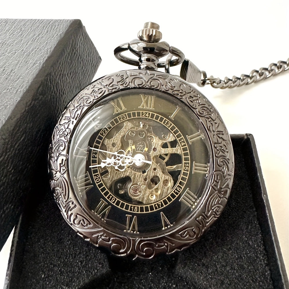 Retro Manual Mechanical Pocket Watch Mirror Hollow Flip Roman Type Black Mechanical Movement Pocket Watch, Ideal choice for Gifts