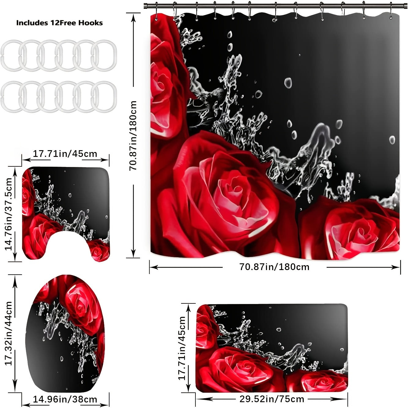 1pc/3pcs/4pcs Red Rose Shower Curtain, Bathroom Non-Slip Mat, U Shape Toilet Rug And Toilet Lid Cover, Bathroom Decor