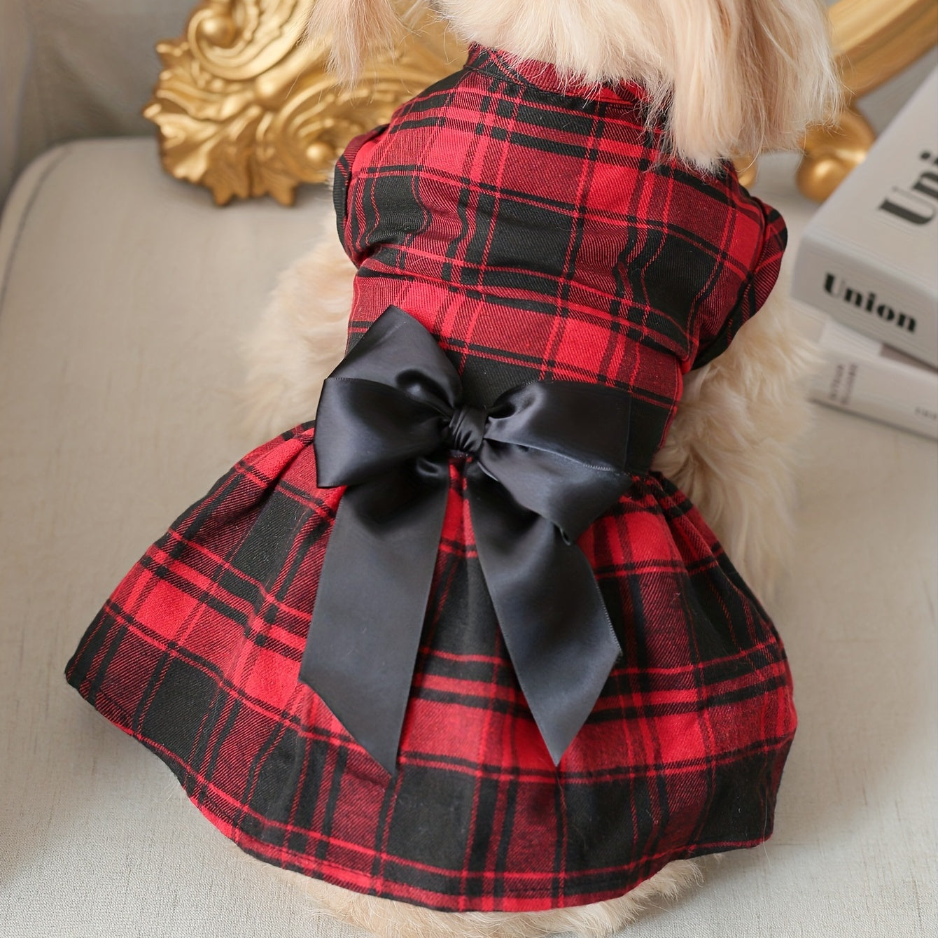 1pc Pet Red Plaid Dog Dress With Black Bowknot Decor Puppy And Cat Skirt Campus Style Pet Clothes