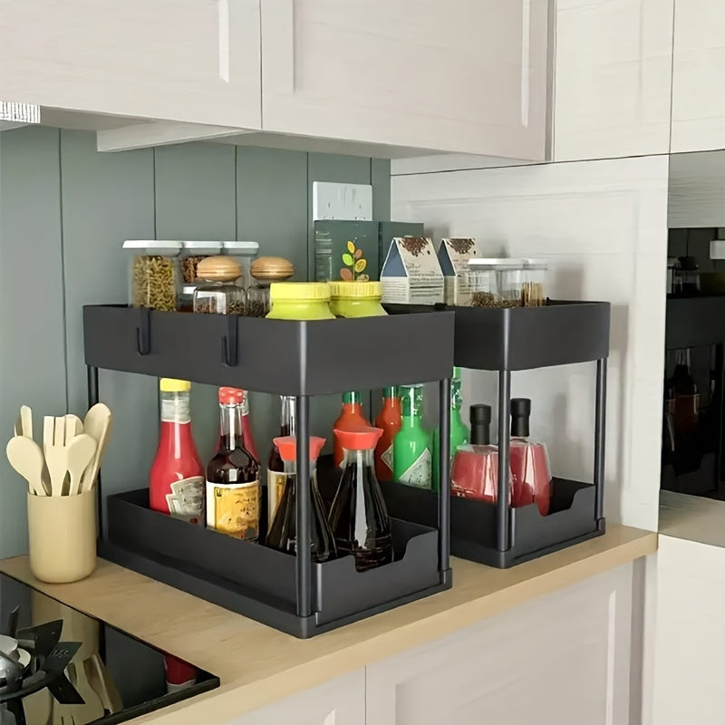 1pc Under Sliding Cabinet Basket Organizer, 2 Tier Under Sink Organizers, Black Under Sink Storage, For Bathroom Kitchen