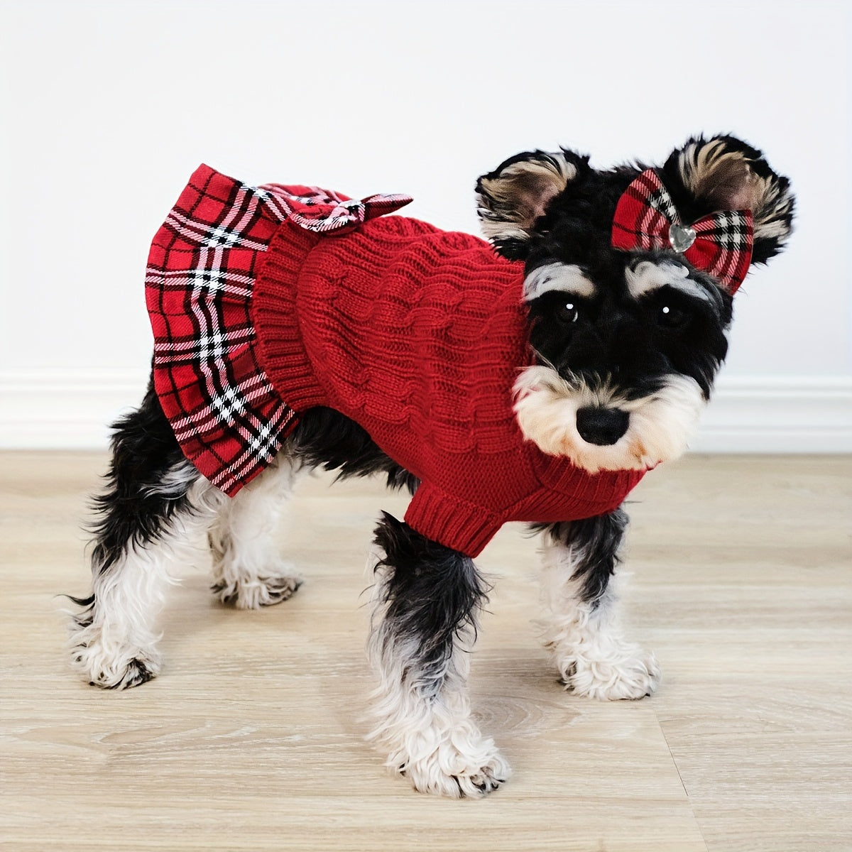 Dog Sweater Dress With Leash Hole For Small Dogs Skirt With Bowtie, Buffalo Check Red Turtleneck Doggie Pullover Knitwear, Puppy Sweater, Red