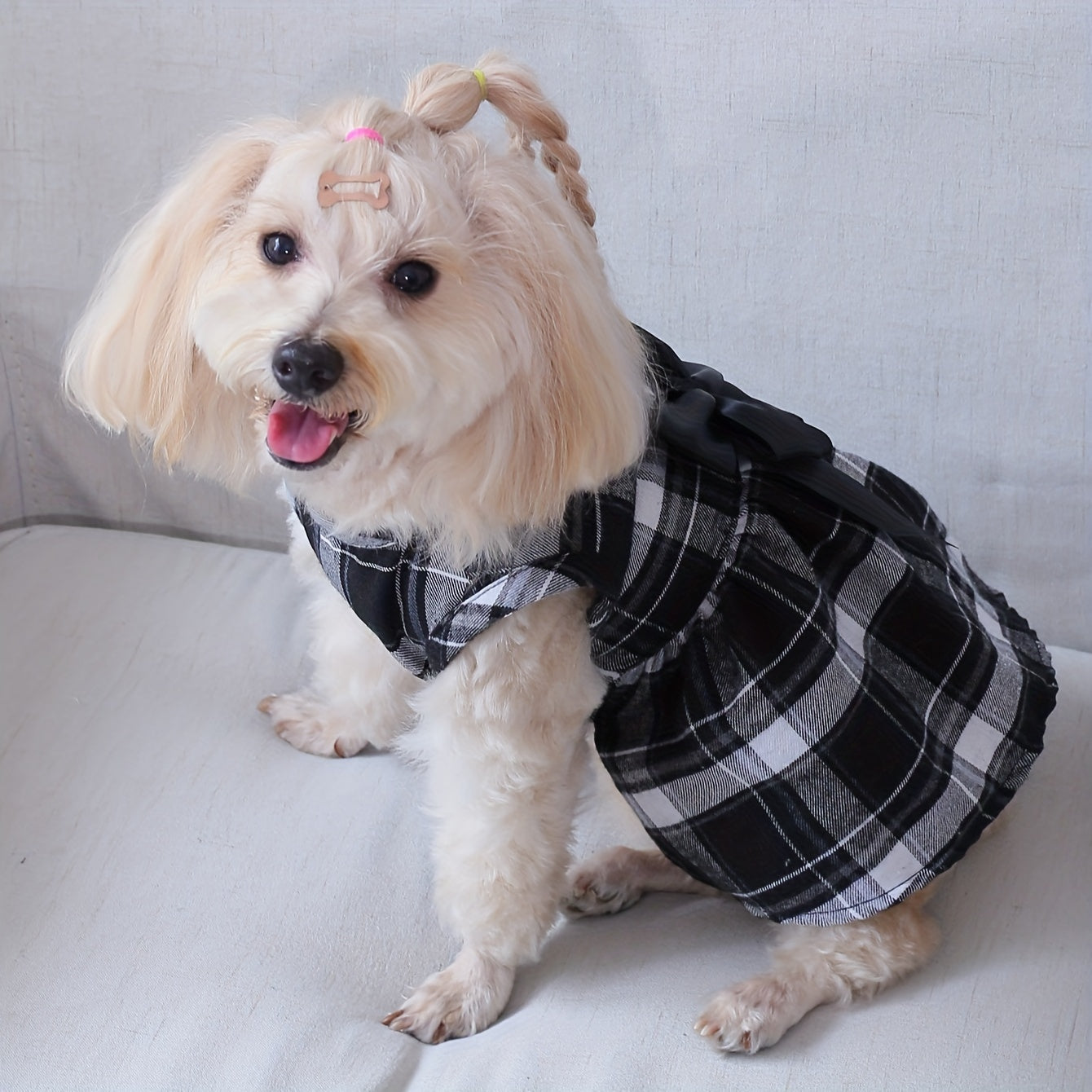 1pc Pet Red Plaid Dog Dress With Black Bowknot Decor Puppy And Cat Skirt Campus Style Pet Clothes