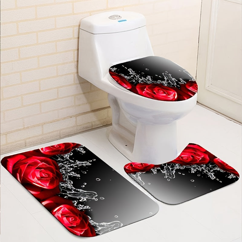 1pc/3pcs/4pcs Red Rose Shower Curtain, Bathroom Non-Slip Mat, U Shape Toilet Rug And Toilet Lid Cover, Bathroom Decor