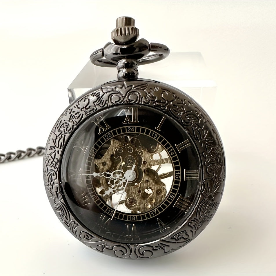 Retro Manual Mechanical Pocket Watch Mirror Hollow Flip Roman Type Black Mechanical Movement Pocket Watch, Ideal choice for Gifts