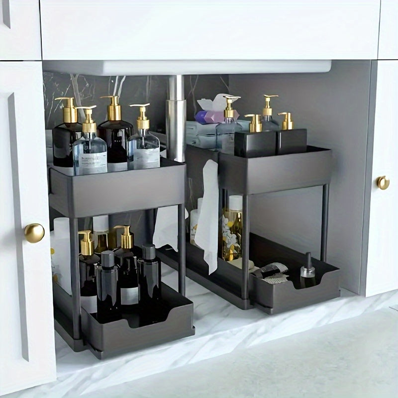 1pc Under Sliding Cabinet Basket Organizer, 2 Tier Under Sink Organizers, Black Under Sink Storage, For Bathroom Kitchen