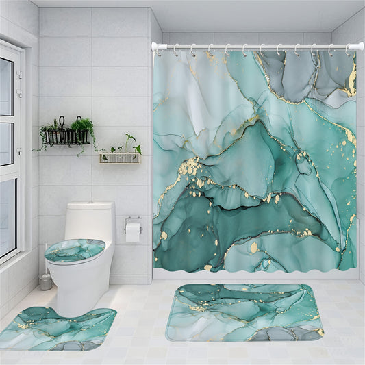 1/4pcs Teal Marble Pattern Shower Curtain Set, Waterproof Bath Curtain With 12 Hooks, U-shaped Mat, Toilet Cover Mat, L-shaped Mat, Bathroom Accessories, Aesthetic Bathroom Decor