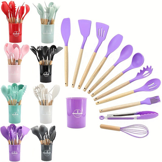 12pcs/set, Wooden Handle Silicone Kitchenware Set Baking Tools Storage Bucket Non-stick Pan Spatula Kitchen Utensils Cooking Set Kitchen Stuff Kitchen Accessories Baking Supplies