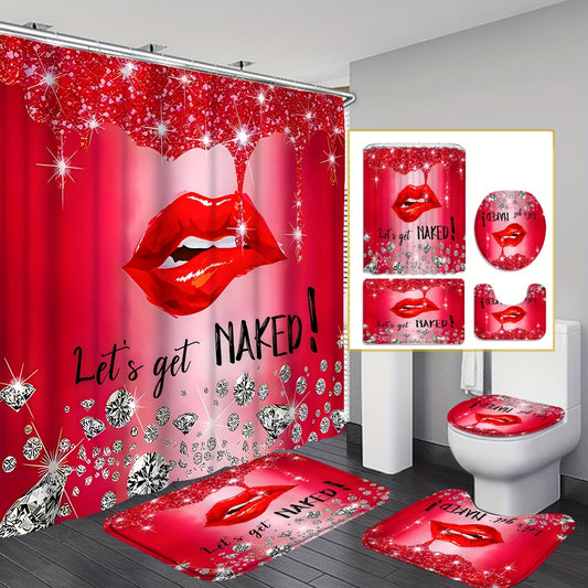 1pc/4pcs Lips Rhinestones Printed Shower Curtain, Waterproof Shower Curtain With 12 Hooks, Bathroom Rug, Toilet U-Shape Mat, Toilet Lid Cover Pad, Bathroom Decor, Shower Curtain Sets For Bathrooms, 70.8inX70.8in