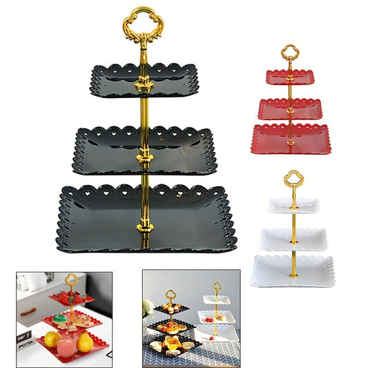 1pc 3-tier Plastic Dessert Display Stand, Buffet Tea Break Cake Dessert Service Tray, Fruit Plate, Multi-layer Display Rack, Wave Edge Fruit Plate, Wedding Holiday Christmas Accessories, Birthday Tea Party Supplies