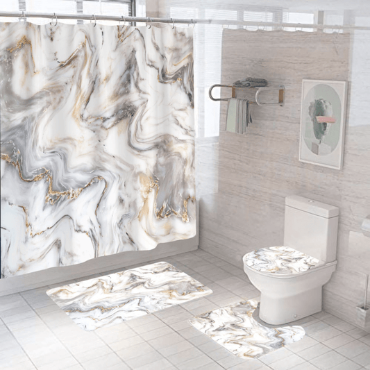 1/3/4pcs Marble Pattern Waterproof Shower Curtain With 12 Hooks, Non-Slip Bathroom Rug, Toilet U-Shape Mat, Toilet Lid Cover Pad, Bathroom Decor