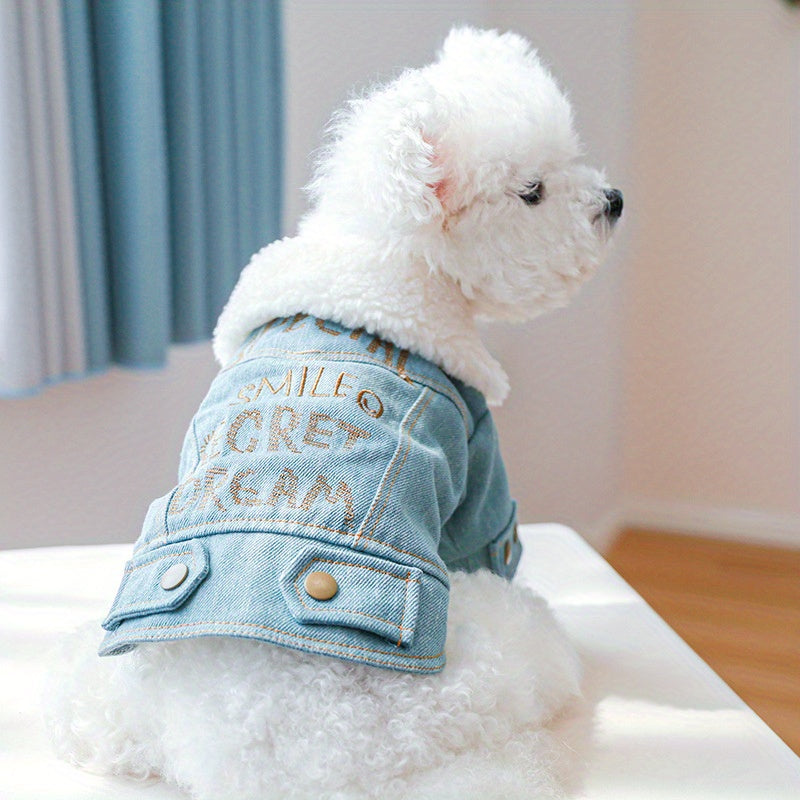 Embroidered Pet Denim Coat For Autumn And Winter Dog Warm Clothes