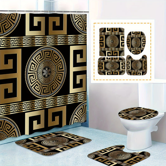 1/4pcs Art Geometric Print Shower Curtain Set, Bathroom Rug, U-Shape Mat, Toilet Lid Pad, Water-resistant Curtain Including 12 Hooks, Decorative Bathroom Set, Bathroom Accessories