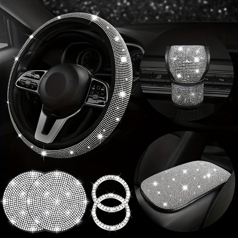 7pcs Bling Car Accessories For Women, Bling Steering Wheel Cover Bling Car Coasters Bling Car Armrest Box Mat Ring Emblem Sticker Gear Shift Cover