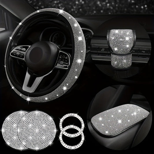 7pcs Bling Car Accessories For Women, Bling Steering Wheel Cover Bling Car Coasters Bling Car Armrest Box Mat Ring Emblem Sticker Gear Shift Cover