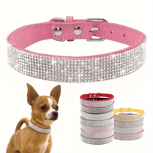 Adjustable Leather Collar With Rhinestone Bling For Cute Cats And Puppies