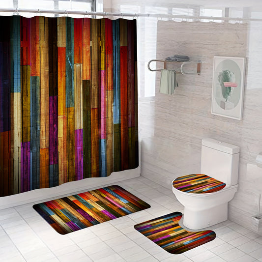 1/4pcs Rustic Wooden Pattern Shower Curtain Set with Waterproof Fabric, Plastic Hooks, Bathroom Rug, U-Shape Mat, and Toilet Lid Pad - Colorful Bathroom Decoration