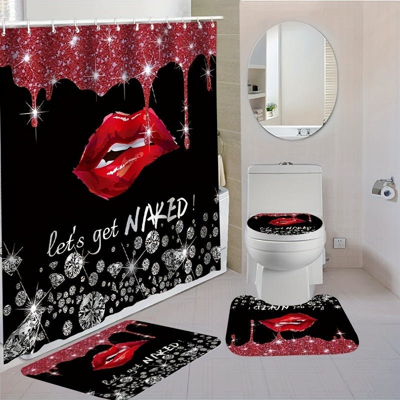 1/3/4pcs Red Lip Pattern Shower Curtain, Waterproof Shower Curtain With 12 Hooks, Non-Slip Bathroom Rug, Toilet U-Shape Mat, Toilet Lid Cover Pad, Bathroom Decor, Shower Curtain Sets For Bathrooms