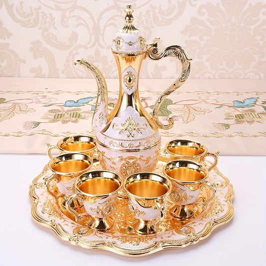 Set, Vintage Metal Turkish Coffee Pot Set, European Style Tea Set, 6 Luxury Coffee Cups, Craft Tea Tray And Teapot, For Serving Tea, Zamzam, Coffee, Cappuccino