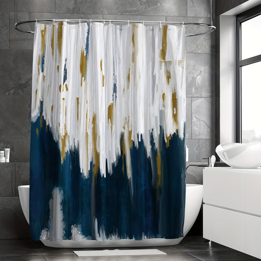 1pc Navy Blue Oil Painting Shower Curtain with 12 Hooks - Waterproof and Mildew-Proof Fabric Bath Curtain for Bathroom Decor