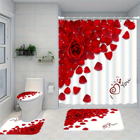 1/4pcs Red Rose Petals Printed Shower Curtain Set, Waterproof Shower Curtain With 12 Hooks, Non-Slip Bath Rug, Toilet U-Shape Mat, Toilet Lid Cover Mat, Decorative Bathroom Set, Bathroom Accessories, Valentine's Day Bathroom Decor