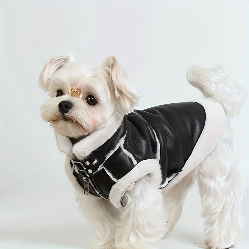 Dog Winter Fleece Leather Vest, Pet Motorcycle Cool Zipper Coat, Dog Jacket Clothes For Cold Weather