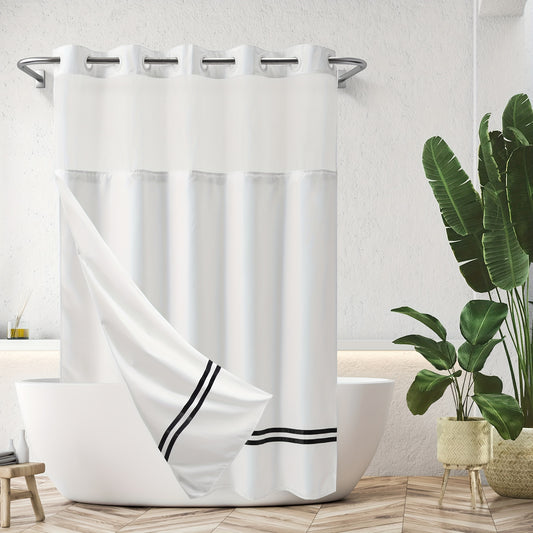 1pc Striped Shower Curtain With Snap In Liner, No Hooks Needed, Machine Washable, Sheer Top Window, Bathroom Partition, Bathroom Accessories