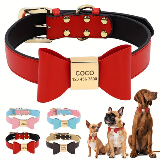 Personalized Dog Collar Customized Leather Pet ID Name Collar With Bowknot, Engraved Dog Collar For Small Medium Dogs Pet Supplies