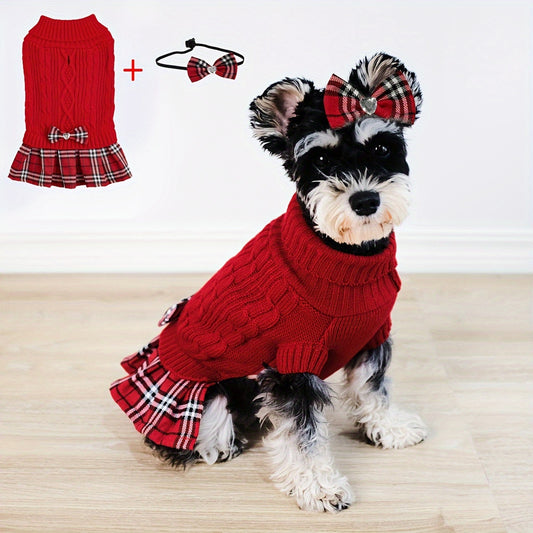 Dog Sweater Dress With Leash Hole For Small Dogs Skirt With Bowtie, Buffalo Check Red Turtleneck Doggie Pullover Knitwear, Puppy Sweater, Red