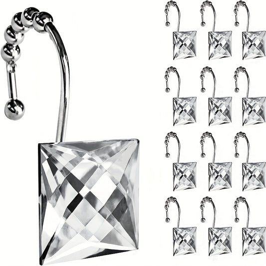 12pcs Design Square Clear Diamond Crystal Gem Bling With Glide Balls Shower Curtain Hooks, Rust Proof Metal Rhinestones Glam Shower Curtain Rings, Bathroom Accessories, Decorative Hooks