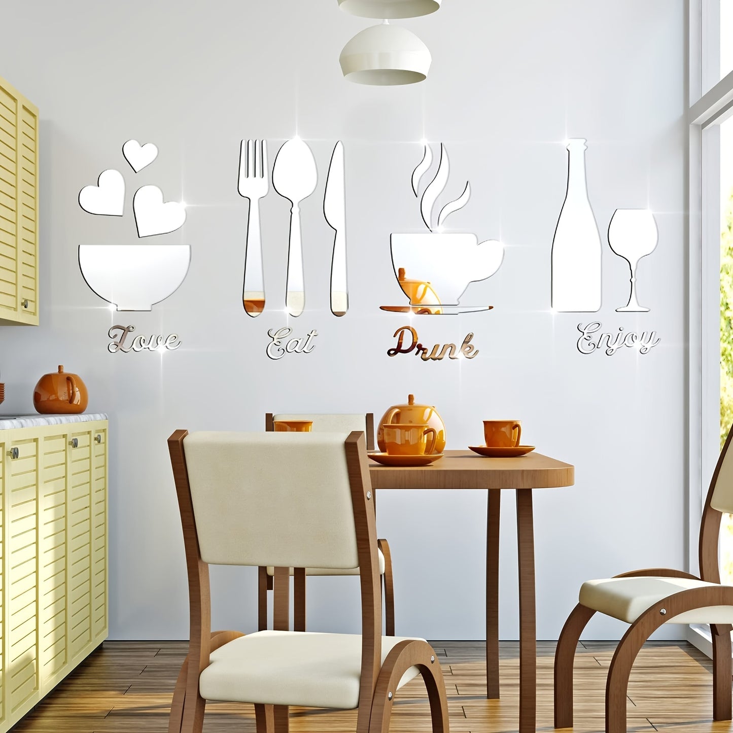 1 Set/17 Pieces Kitchen Wall Decor Acrylic Mirror Wall Stickers, Fork Spoon Bowl Tea Cup Bottle Sign 3D Mirror Decal, Kitchen Wall Mirrors Decor DIY Detachable Mural Sticker For Living Room, Dining Room