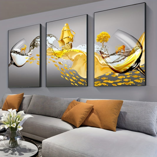 3pcs Frameless Abstract Wineglass Wine Wall Art Canvas Painting, Art For Living Room Cuadros Decor, No Frame, 15.7*23.6in