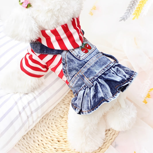 New Striped Denim Princess Jumpsuit Dog Dress For Spring And Autumn Pet Clothes For Small Dogs Plaid Puppy Denim Hoodie Jacket