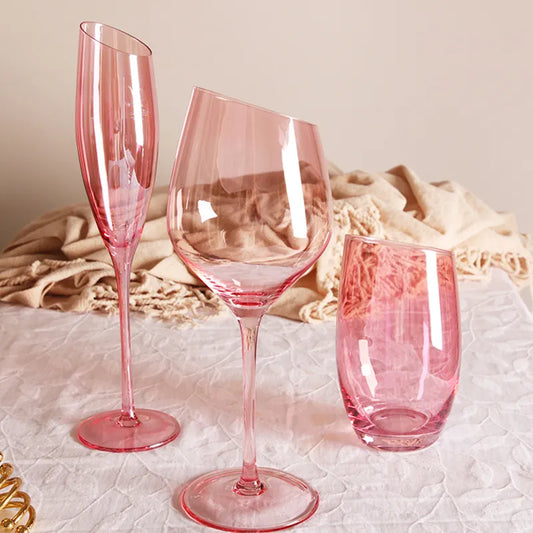 Flamingo Slanted Champagne Wine Glasses Water Cup Set Crystal Light Luxury Retro Goblet Home Pink High-Value Bordeaux Wine Glass