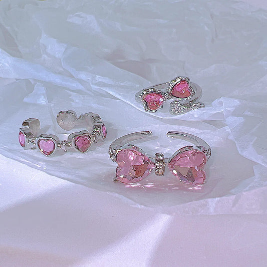 Pink Crystal Rings Romantic Heart Bowknot Shiny Ring