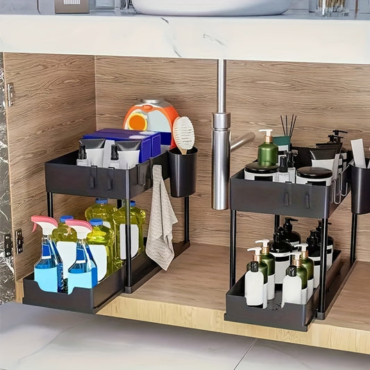 1pc Under Sliding Cabinet Basket Organizer, 2 Tier Under Sink Organizers, Black Under Sink Storage, For Bathroom Kitchen