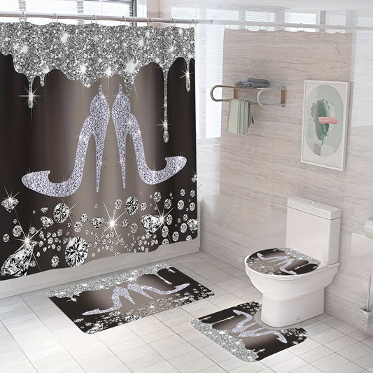 4pcs Sparkling High Heels Shower Curtain And Mats, Gray Bath Shower Curtain, Fashionable And Shiny Pattern, Bathroom Shower Curtain Set, Non Slip Rug, Carpet, U-shaped Cushion, Toilet Lid Mat, Bathroom Decoration Gift