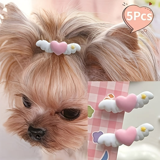 5pcs Pet Cute Dog Decorative Hairpin Dog Heart Wings Hair Clip Pet Puppy Kitten Birthday Party Decorative Hair Accessories