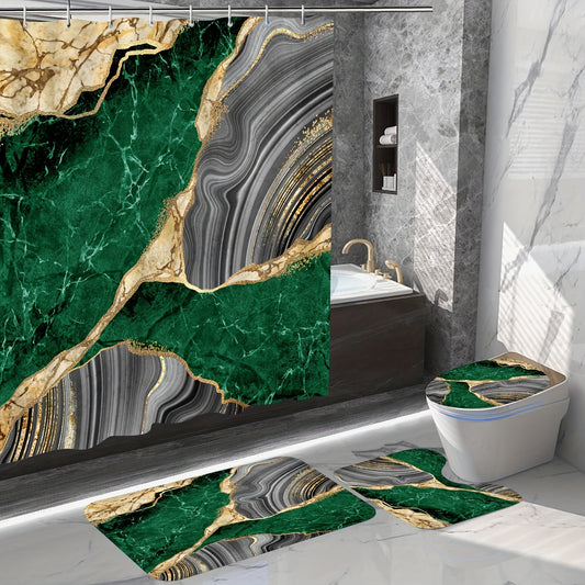 4Pcs Marble Shower Curtain Set, Luxury Bathroom Trim Set, Bathroom Set Accessories With Shower Curtain & Carpet With Hooks, Waterproof Shower Curtain, 71 X 71 ", Green