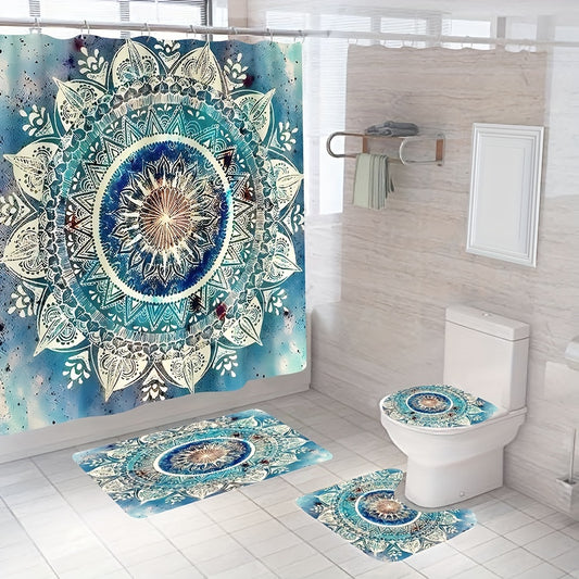 4pcs Blue Boho Pattern Shower Curtain Set, Bathroom Rug, U-Shape Mat, Toilet Lid Pad, Waterproof Curtain With 12 Hooks, Bathroom Decorative Set, Bathroom Accessories