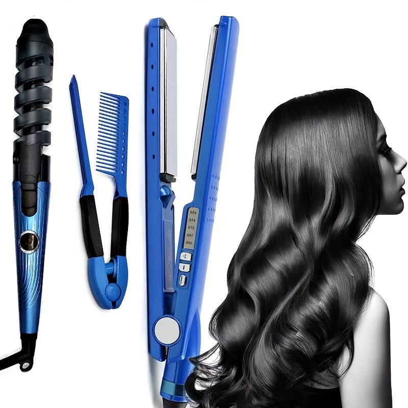 3pcs Blue Hairdressing Tools Set, Hair Straightener Flat Iron, Curling Iron, V Shaped Hair Comb, Multifunctional Hair Styling Tools For Barber Salon Home Use