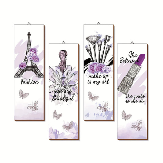 4pcs, Purple Lipstick Butterfly Flower Plaque Decor, Hanging Wooden Plaque, Wooden Sign, Wooden Tag, Wall/Room/Home/Restaurant/Bar/Cafe/Door/Courtyard/Garage Decor