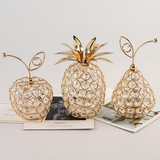 3pcs Golden Crystal Fruit Apples Pear Pineapple  Figurine Tabletop Centerpiece For Home Decor,