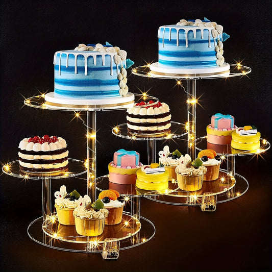 1 Set 4 Layers Round Acrylic Cupcake Tower Holder For 50 Cupcakes, Cake Stand With LED String Lights, Cake Stand For Halloween Christmas Birthday Wedding Graduation Baby Shower Tea Party (Lights Included)