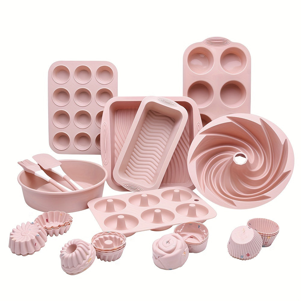 33pcs, Silicone Baking Pan Set, Cake Pan, Donut Mold, 24 Muffin Cups, Silicone Spatula, Oil Brush, And More, Baking Tools, Kitchen Gadgets, Kitchen Accessories