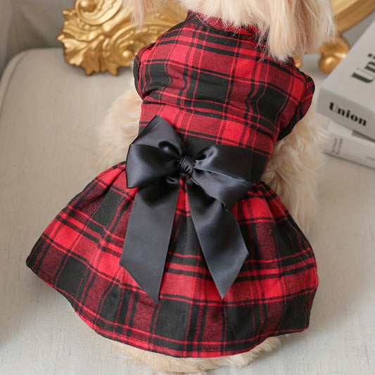 1pc Pet Red Plaid Dog Dress With Black Bowknot Decor Puppy And Cat Skirt Campus Style Pet Clothes