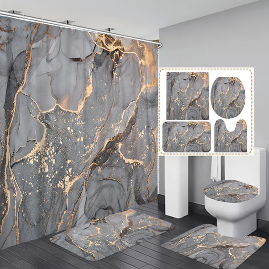 1/3/4pcs Grey Marble Pattern Shower Curtain With 12 Hooks, Bathroom Waterproof Polyester Partition Curtain, Bathroom Mats Set, Non-Slip Bathroom Rug, Toilet U-Shape Mat, Toilet Lid Cover Pad, Bathroom Decor